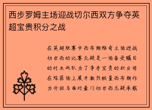 西步罗姆主场迎战切尔西双方争夺英超宝贵积分之战